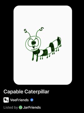 An NFT listing for 'Capable Caterpillar' by VeeFriends, showing a green hand-drawn caterpillar illustration.