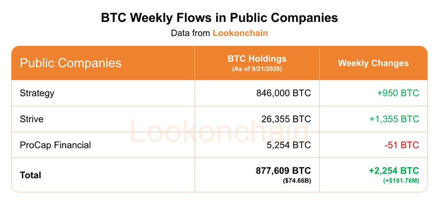 A data table titled 'BTC Weekly Flows in Public Companies' with data from Lookonchain, listing Strategy (846,000 BTC, +950), Strive (26,355 BTC, +1,355), ProCap Financial (5,254 BTC, -51), and a Total of 877,609 BTC ($74.66B) with a change of +2,254 BTC (+$191.76M).