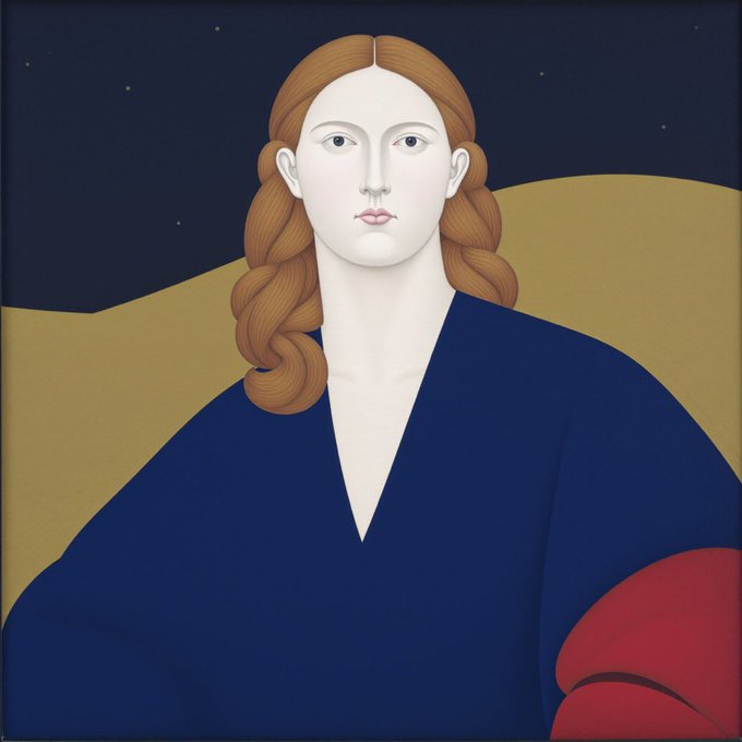A stylized digital portrait shows a pale-skinned woman with braided auburn hair, wearing a deep blue V-neck garment against a starry night background.