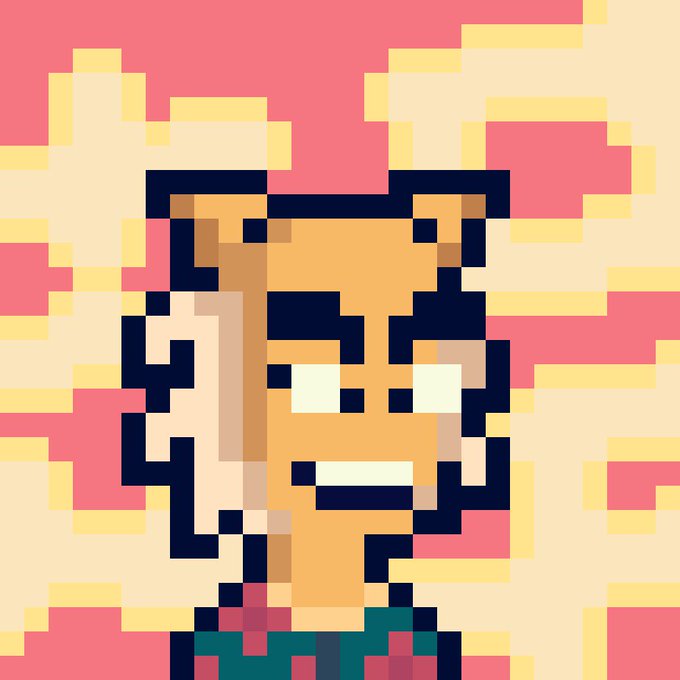 A pixel art illustration of a man's face with a confident smirk, featuring blonde hair and a pink and yellow patterned backdrop.
