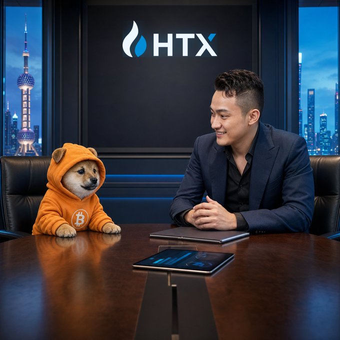 A promotional image showing a man in a suit seated next to a small dog wearing a Bitcoin-themed orange hoodie, with the HTX logo displayed above and a Shanghai skyline backdrop.