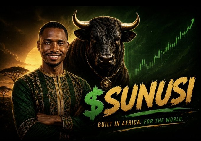 A confident man in traditional African attire stands beside a powerful bull wearing a dollar-sign medallion, with "$SUNUSI" boldly displayed alongside the tagline "BUILT IN AFRICA. FOR THE WORLD." The image reinforces the post's message by symbolizing strength and cultural pride, framing the $SUNUSI token as a movement rooted in African heritage with rising momentum (echoed by the upward green chart).