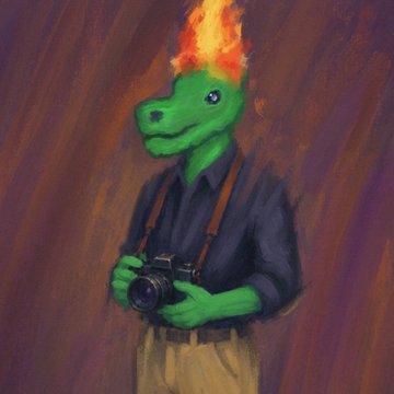 A digital painting of an anthropomorphic green alligator or dinosaur wearing a blue shirt with brown suspenders, holding a vintage camera, with flames erupting from the top of its head against a dark background.