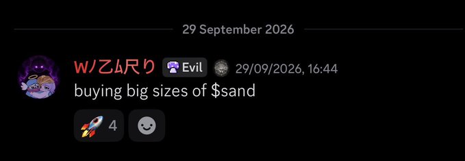 A Discord message from user 'WIZARD' dated 29/09/2026 at 16:44 states 'buying big sizes of $and' with a rocket emoji and a smiley face reaction.