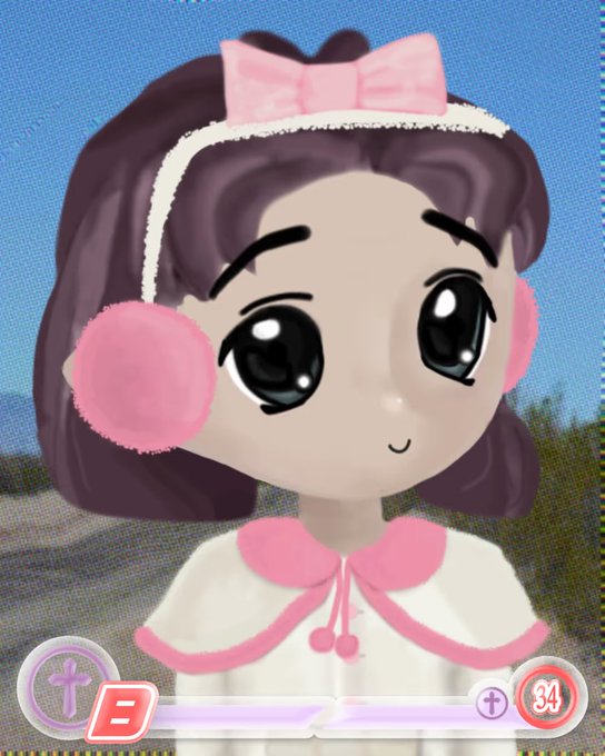 A 3D animated cartoon character of a girl with dark hair, a pink bow, pink earmuffs, and a pink-trimmed white cape.