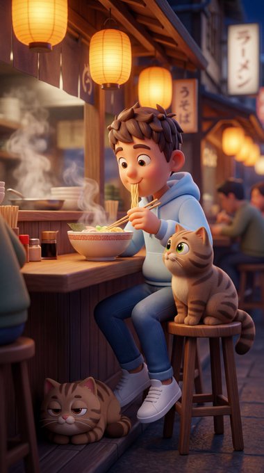 A young boy enjoys steaming noodles at a Japanese lantern-lit street stall with two tabby cats, while the post previews upcoming NFT mints scheduled for Saturday featuring collections like MORISKI_NFT, P0RTR8T, MStick_NFT, and apexenfts with their respective prices and times.