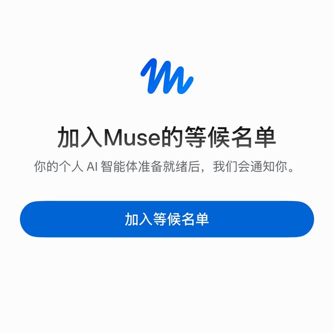 Chinese-language waitlist signup screen for "Muse," featuring a blue 'M' logo and a button reading "加入等候名单" (Join Waitlist).
