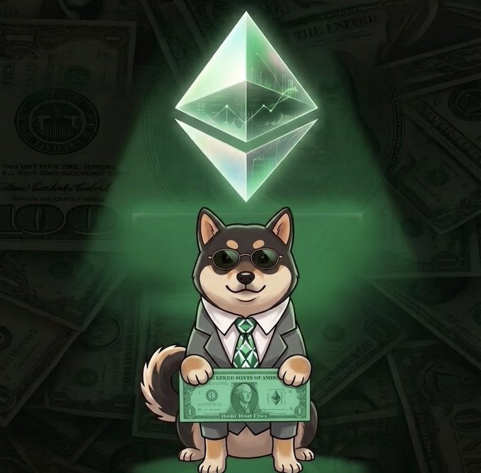 An illustrated Shiba Inu wearing sunglasses, a grey suit, and a green Ethereum tie, holding a dollar bill beneath a glowing Ethereum logo with US dollar bills scattered in the background.