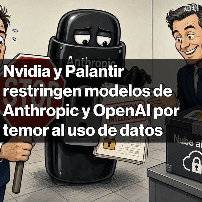 Cartoon image showing a black trash can-like robot labeled 'Anthropic' holding 'PROPIEDAD INTELECTUAL' papers, with the Spanish text: 'Nvidia y Palantir restringen modelos de Anthropic y OpenAI por temor al uso de datos', and a smiling man on the right.