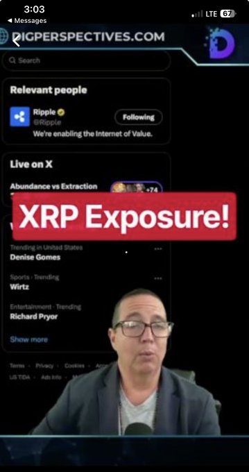 A mobile screenshot showing a Ripple/XRP social media discussion with the bold text 'XRP Exposure!' and a person speaking at the bottom.
