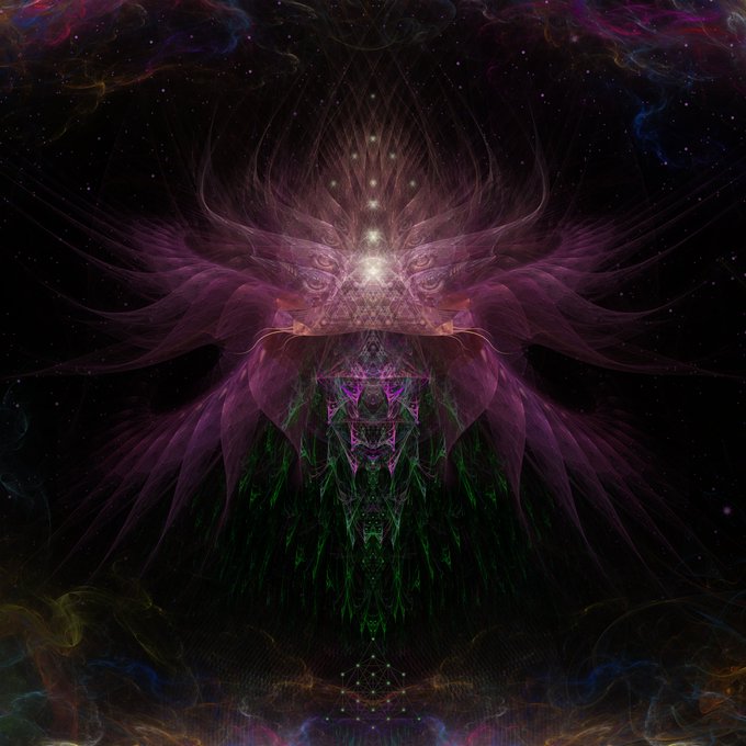 Symmetrical psychedelic digital artwork featuring a mirrored phoenix or angel-like figure in purple, pink, and green cosmic colors against a starry black background.