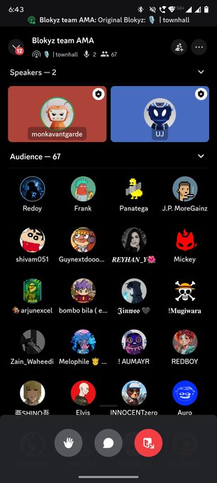 A mobile screenshot of a 'Blokyz team AMA: Original Blokyz:' Clubhouse room showing 2 speakers and 67 audience members, including a Sanrio character speaker named 'monkavantgarde' and an audience member with a pirate avatar.