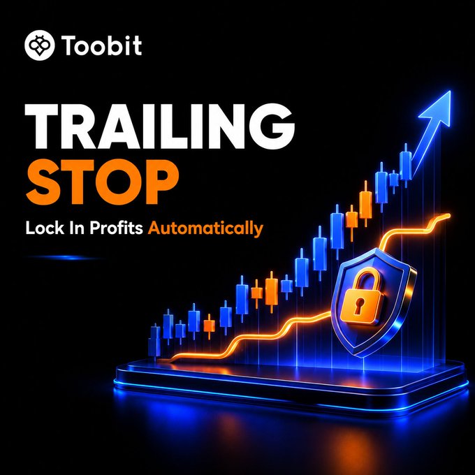 A promotional graphic for Toobit featuring the text "TRAILING STOP — Lock In Profits Automatically" alongside a glowing 3D illustration of an ascending blue and orange candlestick chart paired with a shield and padlock icon, visually reinforcing the post's message about automated trailing take-profit/stop-loss features that protect gains in crypto and futures trading.