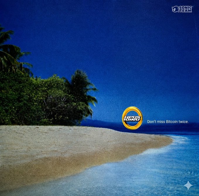 A tropical beach scene with palm trees and blue water features a "HPOs FUND" logo with the slogan "Don't miss Bitcoin twice" and a "SONIC TEAM" logo in the corner.