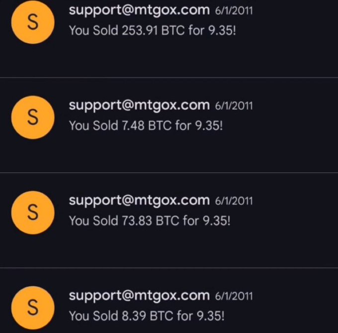 A screenshot showing four transaction notifications from support@mtgox.com dated 6/1/2011, each stating 'You Sold [amount] BTC for 9.35!'.