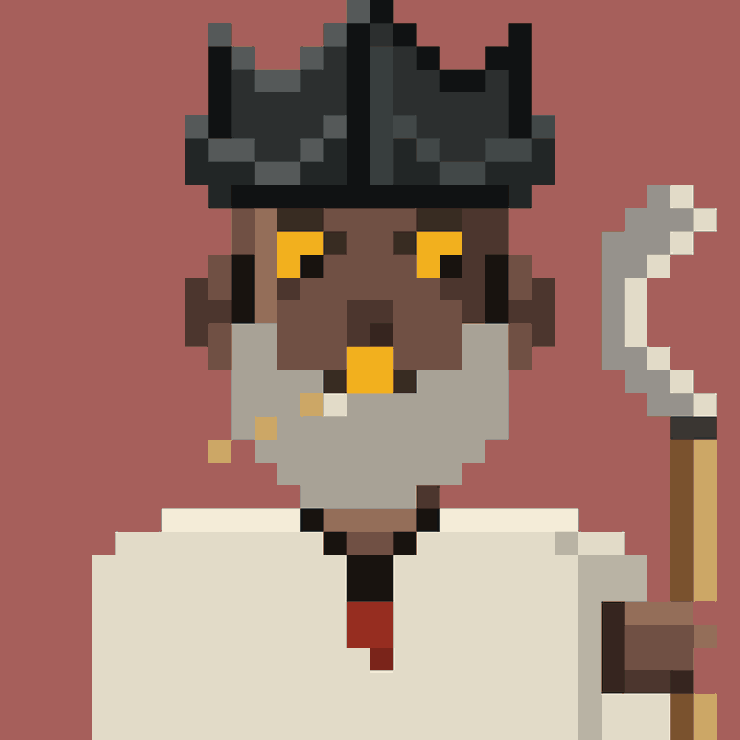 A pixel art illustration of a dark-skinned king wearing a black crown and white robe, holding a gray axe against a solid red background.
