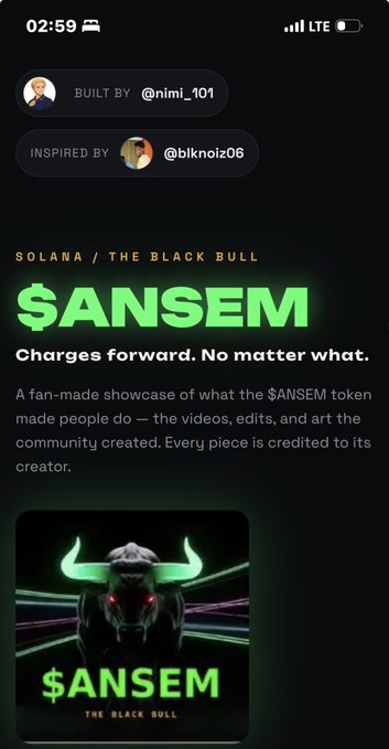 A dark-themed mobile screen displays a $ANSEM (Solana) fan-made showcase crediting @nimi_101 and @blknoiz06, featuring a glowing 'The Black Bull' graphic.