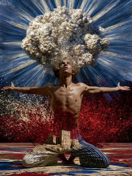 A dramatic digital artwork showing a shirtless man kneeling with arms outstretched, with an explosion of white material erupting from his head against a backdrop of blue and red.