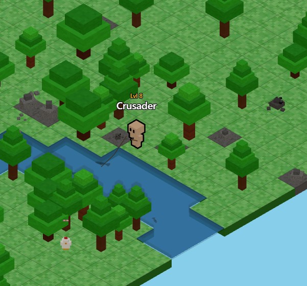 A pixel-art isometric game scene showing a level 8 'Crusader' character standing in a forest with trees, a river, and a small white creature nearby.