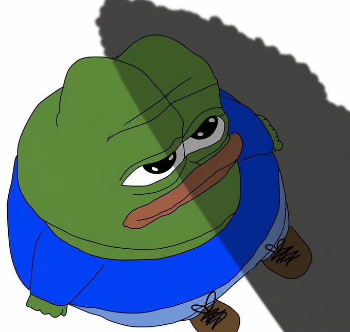 Digital illustration of a sad Pepe the Frog character wearing a blue hoodie and brown shoes, casting a shadow on the ground.