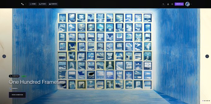 A screenshot of a website exhibition titled 'One Hundred Frames' featuring a grid of 100 square images in a blue room.