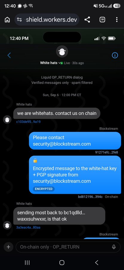 A mobile browser screenshot of shield.workers.dev showing an encrypted Liquid OP_RETURN dialog between 'White hats' and Blockstream on Sun, Sep 6, including messages like 'we are whitehats. contact us on chain' and 'sending most back to bc1qdlld... waxxsuhwxxr, is that ok'.