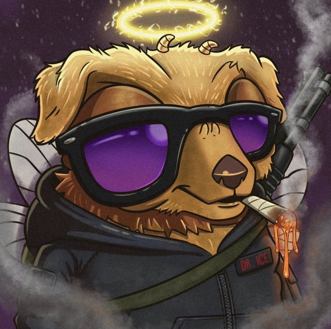 An anthropomorphic dog character wearing a halo, purple sunglasses, and a jacket labeled "DR. ICE" smokes a cigar, matching the post's theme of "researching" the Brazilian BlowFly NFT collection.