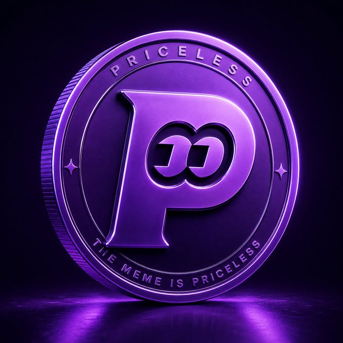 A glowing purple coin displays the word "PRICELESS" along the top and "THE MEME IS PRICELESS" along the bottom, centered around a large stylized "P" logo with an infinity symbol inside. The image visually reinforces the post's claim that the meme coin is "priceless," symbolizing its unpredictable potential to either flop or soar to massive valuations.