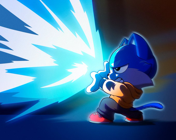 An illustrated blue cat-like character wearing a brown jacket and red shoes fires a bright blue energy blast from its hands in a dynamic action pose.