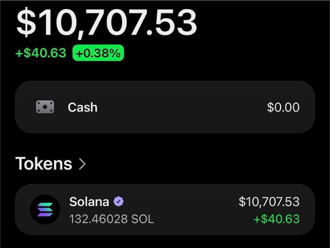 The image shows a cryptocurrency wallet balance of $10,707.53, primarily in 132.46028 SOL (Solana). The post invites users to join a giveaway and insider trading on Telegram, promising 40 winners, likely seeking Solana addresses.