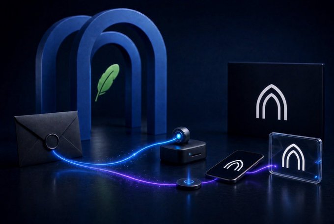 A digital illustration of a Meta (logo shown) technology setup featuring an envelope, archway, camera, smartphone, and tablet connected by glowing blue and purple light streams on a dark background.
