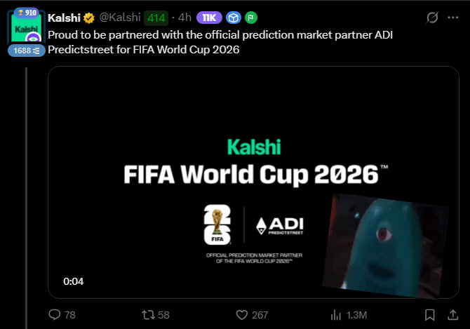 Kalshi (@Kalshi) tweeted about partnering with ADI Predictstreet as the official prediction market partner of the FIFA World Cup 2026, with the post generating 1.3M views, 267 likes, and 58 retweets. The tweet counters the narrative about competition between prediction market platforms, with Kalshi highlighting its official FIFA partnership as a major competitive advantage over rivals like Polymarket.