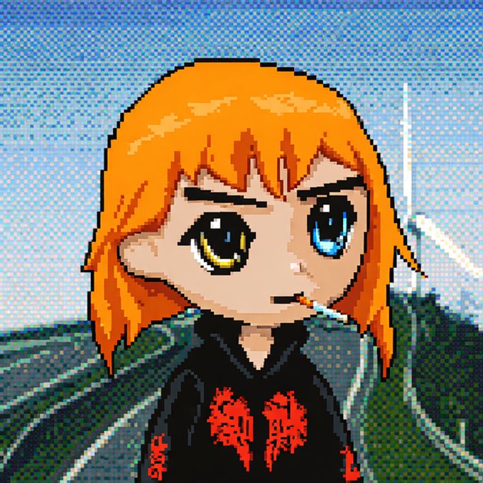 A pixel art portrait of an anime-style character with orange hair and heterochromia (one yellow eye, one blue eye), wearing a black hoodie with red Asian characters and smoking a cigarette against a road and sky background.