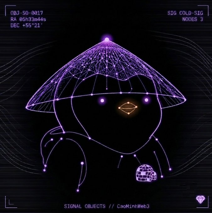 A retro CRT-screen style digital art piece from SIGNAL OBJECTS // CaoMinhWeb3 depicting a purple wireframe jellyfish-like character with glowing eyes and a small diamond icon on its body, set against a starry background.