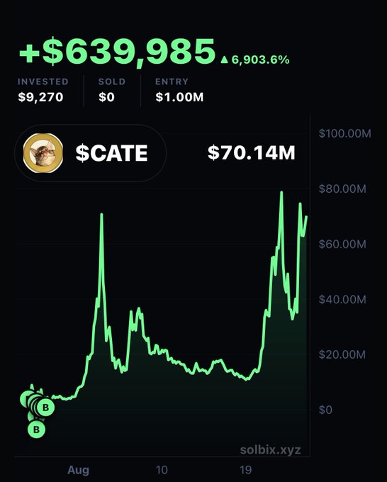 A Solbix.xyz portfolio tracking screenshot shows a $CATE token position with a $639,985 profit (+6,903.6%) on a $9,270 investment, with the chart displaying the token's price surging to roughly $70.14M against a $1.00M entry valuation—matching the post's claim of a ~$640K unrealized gain from a holder who hasn't sold yet.