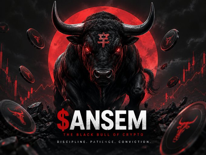 A dark promotional graphic featuring a black bull with glowing red eyes against a red moon, displaying '$ANSEM - THE BLACK BULL OF CRYPTO - DISCIPLINE. PATIENCE. CONVICTION.'