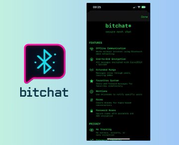 The image shows the BitChat app logo alongside a screenshot of its feature page displayed on a mobile device with a "00:25" timer at the top, highlighting capabilities like Offline Communication, End-to-End Encryption, Extended Range, and No Account Required. The visual directly ties to the post by showcasing BitChat's serverless, Bluetooth-based chat service—the very technology that led Indian authorities to order its removal from GitHub.