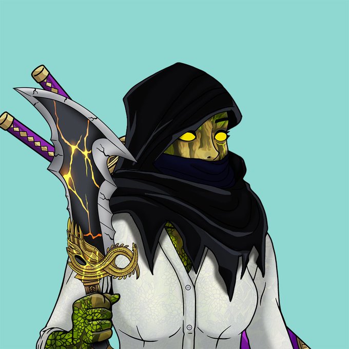 A digital illustration of a hooded, reptilian humanoid character with glowing yellow eyes, wearing a white coat and holding a large sword with yellow energy crackling along the blade.