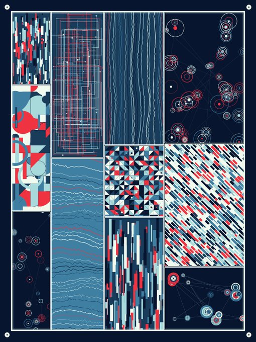 This image is a decorative abstract art poster featuring a geometric collage of blue, red, and white panels with various patterns including circles, stripes, triangles, and waves, framed by small white dots at the corners. It has no text or numbers visible, serving as a vibrant, design-focused graphic to complement the cheerful "Good morning, Happy week" greeting.