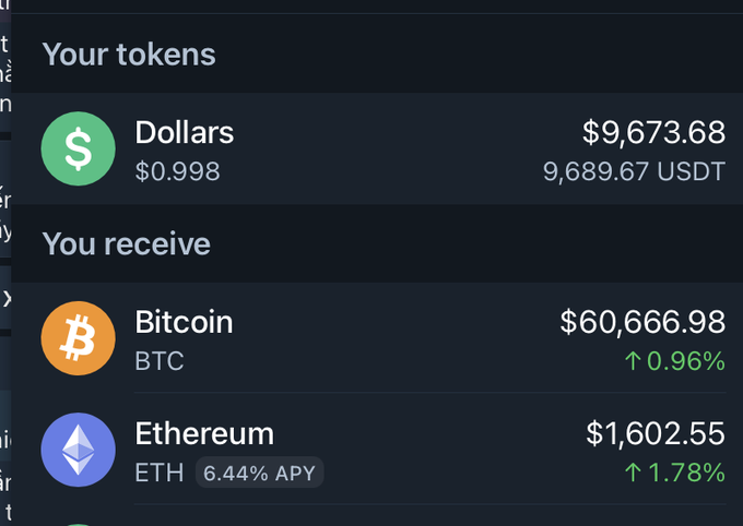 A Telegram wallet crypto swap screen showing a trade converting 9,689.67 USDT ($9,673.68) into Bitcoin and Ethereum, with BTC at $60,666.98 (+0.96%) and ETH at $1,602.55 (+1.78%, 6.44% APY). The image illustrates the post's claim of a suspicious Telegram wallet swap with negative slippage on a near $10,000 spot trade, seemingly being promoted or executed by Durov.