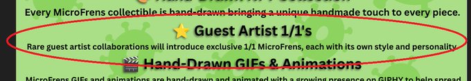A screenshot of a website about MicroFrens collectibles, with a red oval highlighting the 'Guest Artist 1/1's' section describing rare exclusive collaborations.