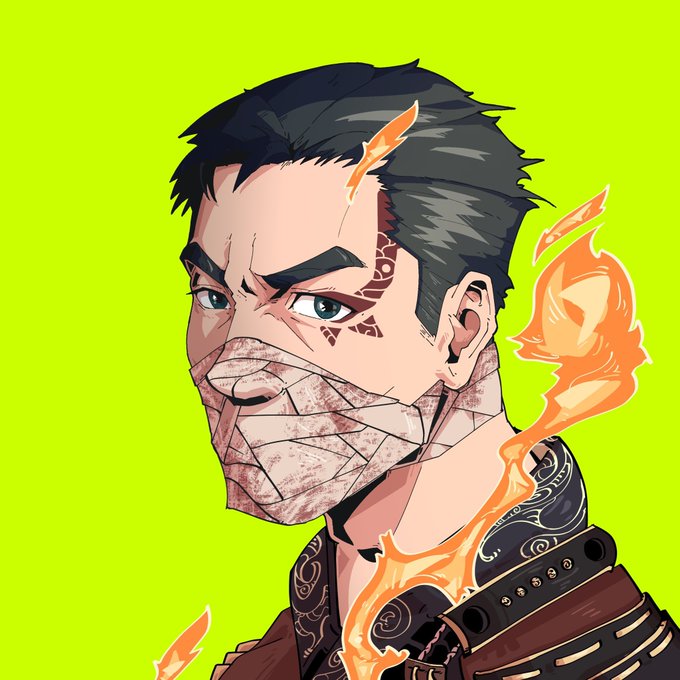 Anime-style illustration of a male character with dark hair, a face mask, tribal tattoos on his face, and orange flames emanating around his neck/chest area against a neon green background.