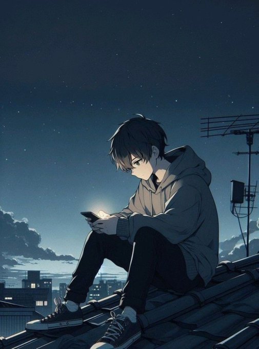 An anime-style illustration of a young boy in a hoodie sitting on a rooftop at night, looking at his phone's screen glow.