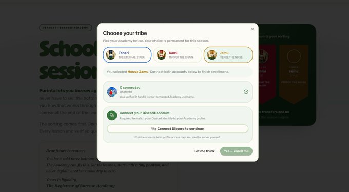 A pop-up modal titled "Choose your tribe" appears over a "School session" webpage, showing three selectable houses (Tonari, Kami, and Jamu), with Jamu currently selected and prompting the user to connect their X account (showing "X connected" for @lafcoml) and link their Discord to complete enrollment for Purinta Academy.