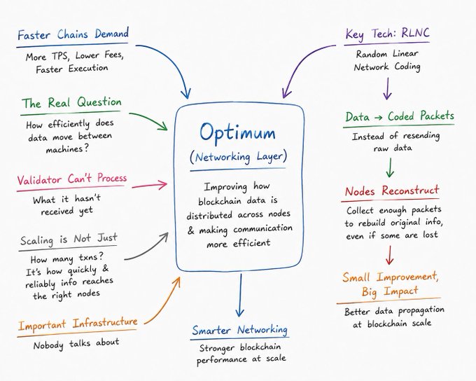 A hand-drawn mind map centered on "Optimum (Networking Layer)" highlights that blockchain scaling isn't just about TPS or fees, but about how efficiently data moves between machines, with Random Linear Network Coding (RLNC) enabling nodes to reconstruct information from coded packets instead of raw data resends.