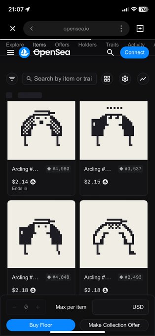 A mobile screenshot of the OpenSea NFT marketplace (opensea.io) showing pixel-art 'Arcing #' items priced around $2.14-$2.18 in ETH, with options to 'Buy Floor' or 'Make Collection Offer.'