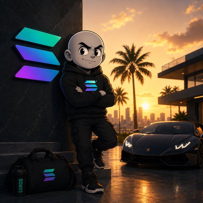 The image features a cartoon character standing next to a black sports car, with the character wearing a hoodie and holding his arms crossed over his chest. The backdrop of the scene includes a sunset and a building, creating an artistic and visually appealing composition. The caption for this image reads "$GROS Survive every cycle. $GROS is building on Solana Launching soon. #GROS #SolanaMeme #Crypto #SOLANA #Memecoin #BullRun # Cryptogem #100x #MemeSeason #TeamGrinders". The image seems to be promoting a brand or product related to the cartoon character, as indicated by the presence of a backpack and a car in the scene.