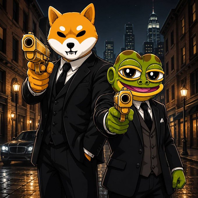 An anime-style illustration shows a Shiba Inu dog in a black suit and a green frog-like character in a black suit, both holding gold handguns in a dark city street setting.