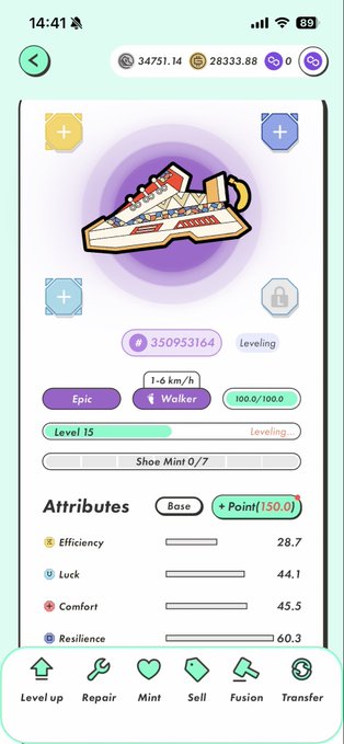 A mobile game screen displays a shoe NFT asset called 'ASSASSIN' at Level 15 with attributes including Efficiency 28.7, Luck 44.1, Comfort 45.5, and Resilience 60.3, along with options for Level up, Repair, Mint, Sell, Fusion, and Transfer.
