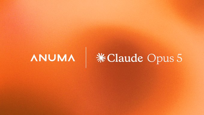 An orange gradient background displays the "ANUMA" logo alongside "Claude Opus 5," representing Anuma's integration of Anthropic's latest model. The visual reinforces the post's message of a stable ownership layer persisting through monthly model upgrades like Opus 5.